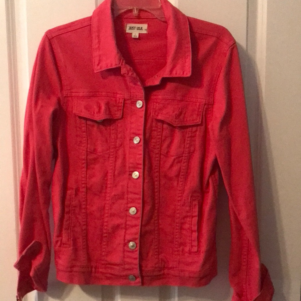 Bright coral pink denim jacket